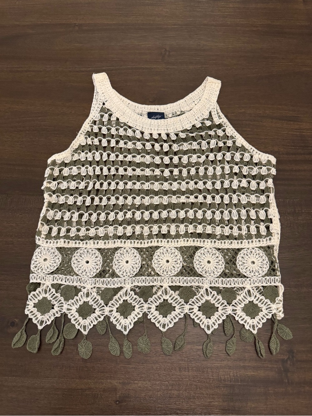 Daytrip Crochet Tank Top in Cream and Olive Size Small
